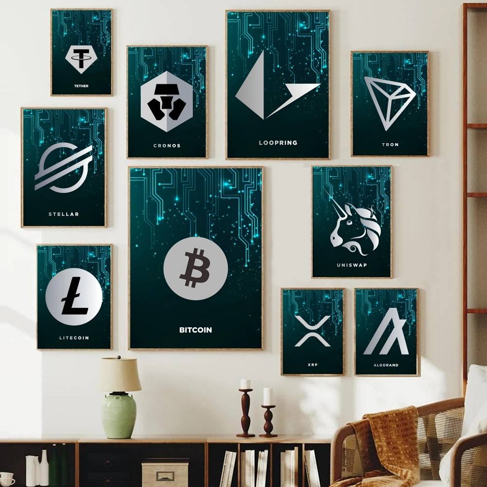 Tech Office Wall Art - Poster Simbol Kripto Sirkuit Teknologi Logo